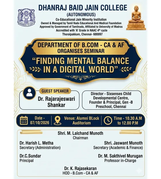 Department of B.Com CA and AF - Seminar: Finding Mental Balance in a Digital World, 7 October 2026